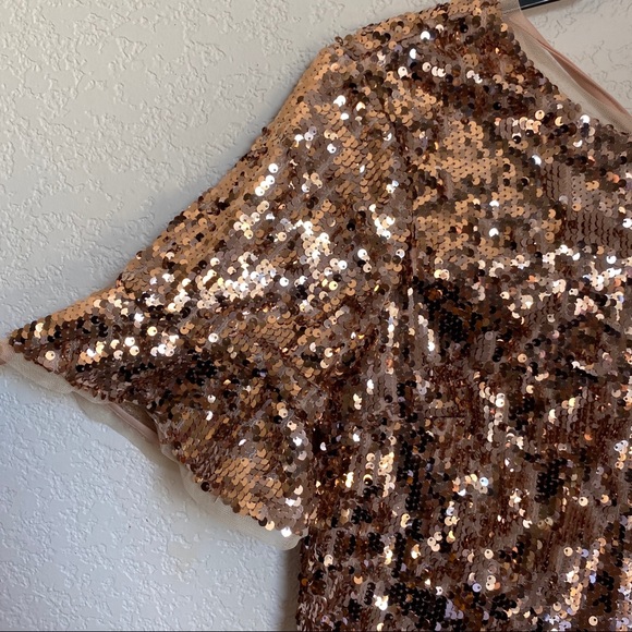 Lulu's Rose Gold Sequin Crop Top Bell Sleeves - Picture 4 of 7